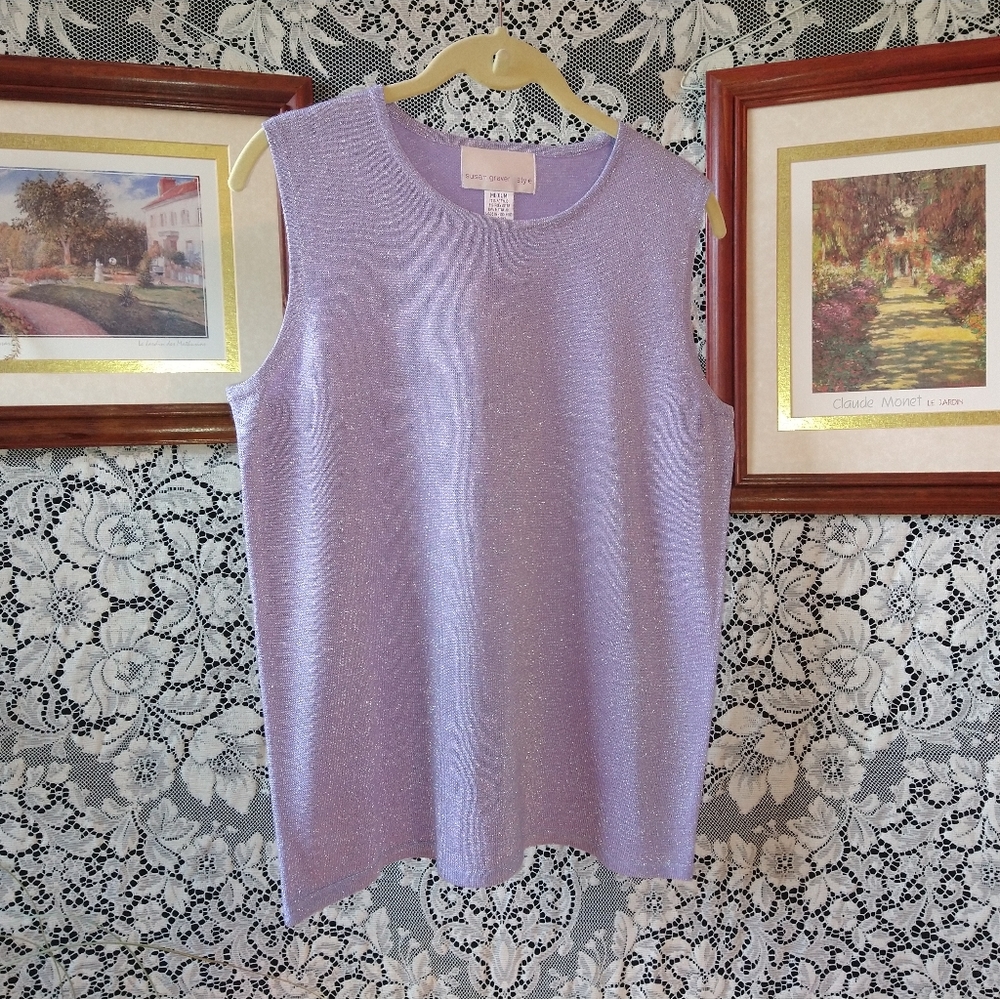 Susan Graver lavender purple silver sweater top metallic sparkly sleeveless